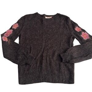 Saccharine Charcoal Pink Cherry Blossom Wool Alpaca Floral Patterned Sweater S